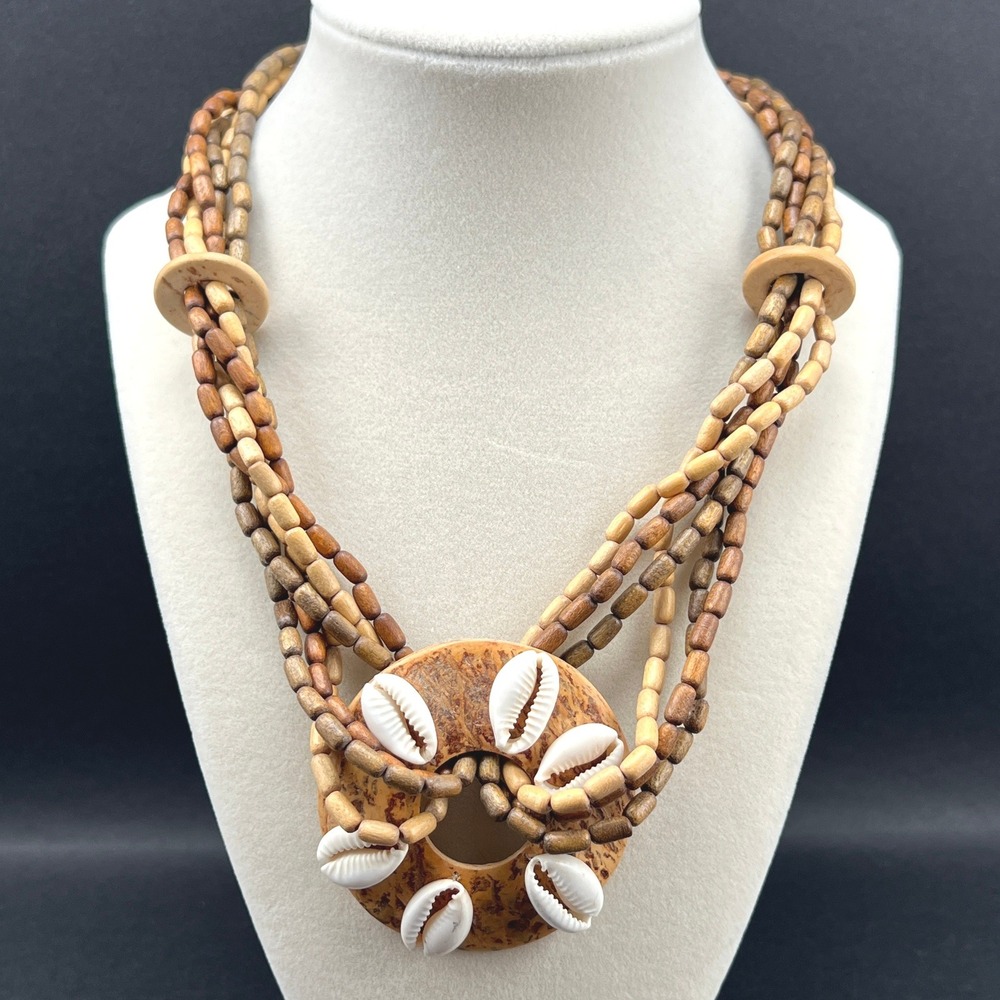 Beaded Statement Necklace Multi Strand Wood Bead Cowrie Shell Coconut Boho 19"